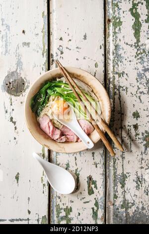 Plat asiatique nouilles Udon avec oeuf, sésame, champignons, boc choy, tranches de viande cuite sous vide servi dans un bol en céramique avec cuillère et baguettes sur Banque D'Images