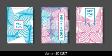 Ensemble d'affiches géométriques minimal. Couverture bleue et rose avec lignes. Catalogue Vector A4, magazine, kit de couverture futuriste. Illustration de Vecteur