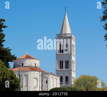 Célèbre symbole de la belle ville de Zadar en Croatie, ancienne église de style byzantin de St Donatus et le clocher de style roman Banque D'Images