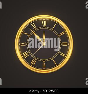 Golden brillant montre avec chiffres romains et compte à rebours de minuit, la veille du nouvel an. Cadran horloge festif. Joyeux Noël. Vacances de Noël Illustration de Vecteur