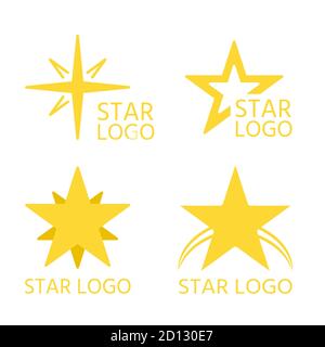 Étoiles jaunes plates, ensemble de modèles de logo. Résumé conception simple pour entreprise de logotype. Collection de différentes icônes, pictogramme de marque en forme d'étoile. Symbole succès isolé sur illustration vectorielle blanche Illustration de Vecteur