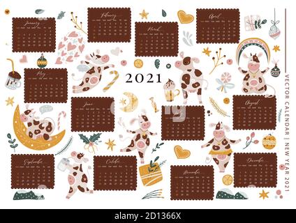 Noël mignon dessin animé vache vecteur 2021 modèle de calendrier illustration avec des animaux dessinés à la main et des décorations. Nouvelle année 2021 affiche décorative pour les formats a3, a4, a5, pour la maison et le bureau. Illustration de Vecteur