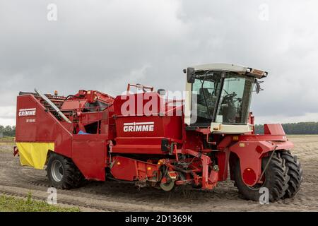 HOGE HEXEL, PAYS-BAS - 30 août 2020 : vue latérale d'une grande récolteuse de pommes de terre dans un sol agricole prêt à récolter la récolte. Agriculture saison automne conc Banque D'Images