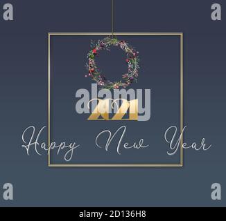 Joyeux Noël et bonne année 2021 design avec or 2021 chiffres, couronne de Noël et texte Bonne Année. Décoration festive Numbers en 3D Banque D'Images