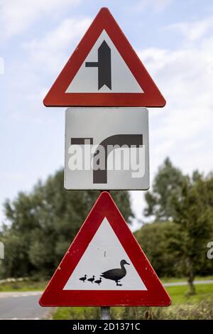 AADORP, PAYS-BAS - 07 septembre 2020 : des panneaux de signalisation en forme de triangle et de carré avertissant les canards et les canetons pourraient traverser la route avec la priorité R. Banque D'Images