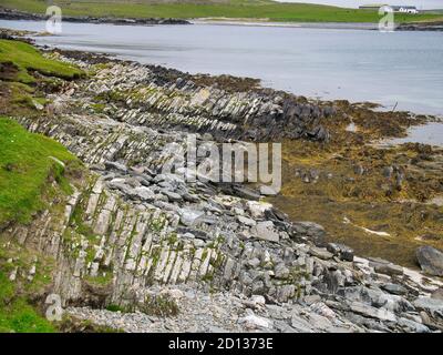 Des strates érodées dans des falaises marines sur la côte ouest de Kettla Ness au large de la côte ouest du continent, Shetland. Ces roches sont de la formation de Colla Firth - Banque D'Images