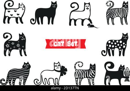 Ensemble chats amusants. Collections de silhouettes Black Cats. Style de dessin animé. Illustration de Vecteur