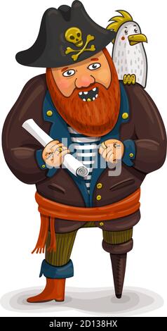 Illustration d'un sympathique pirate de dessin animé tenant une carte du Trésor. Un pirate de dessin animé avec un perroquet sur son épaule. Barbe rouge pirate. Une jambe Illustration de Vecteur