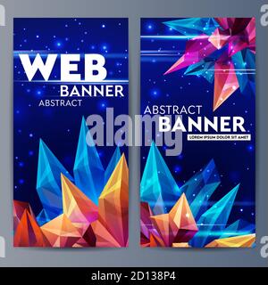 Bandeaux Web avec cristaux à facettes. Astéroïde de verre dans l'espace. Figurine géométrique abstraite origami sur un bleu foncé. Bannière futuriste. Style 3D Illustration de Vecteur
