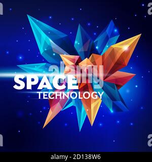Image d'un cristal à facettes. Technologie spatiale. Astéroïde de verre dans l'espace. Figure géométrique abstraite sur un bleu foncé. Bannière futuriste. Style 3D Illustration de Vecteur