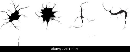 Jeu de trous de balle et de fissures de masse. Trou cylindrique simple et double en métal, effet de dommage. Tremblement de terre et fissures de terre, craquelure et texture de mur endommagée. Illustrations vectorielles pour les sujets tremblement de terre, accident, destruction Illustration de Vecteur