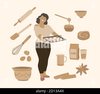 Constructeur d'articles et de produits pour la cuisson. Fille avec un plateau et des petits pains frais. Illustration de Vecteur