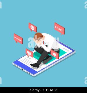 Flat 3d Isométrique homme d'affaires déprimé assis sur le smartphone avec le discours de haine des médias sociaux. Réseau social et concept de cyberintimidation. Illustration de Vecteur