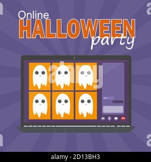 En ligne Halloween Party concept, écran d'ordinateur ont la vidéo conférence pour célébrer, appel vidéo avec des fantômes drôles, illustration vectorielle plate Illustration de Vecteur