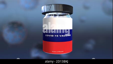Illustration 3D de la bouteille de vaccin Covid-19 avec le drapeau de Russie sur fond bleu avec des cellules virales floues Banque D'Images