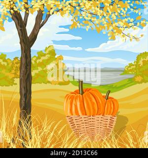 Paysage d'automne avec prairie jaune, arbres, lac et grands citrouilles dans un panier Illustration de Vecteur