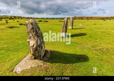 Les pierres de l'âge de bronze 'The Piperss' debout à Minions sur Bodmin Moor, Cornouailles Banque D'Images