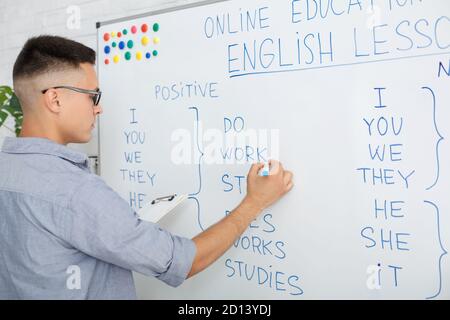 École d'anglais en ligne à la maison. Un homme sérieux en lunettes écrit des règles sur le tableau noir et diffuse des vidéos pour les étudiants pendant une pandémie Banque D'Images