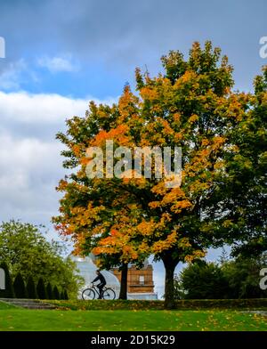 Glasgow, Écosse, Royaume-Uni. 5 octobre 2020. Météo Royaume-Uni. Un cycliste traverse Glasgow Green avec des couleurs automnales sur les arbres et le Palais du peuple et les jardins d'hiver en arrière-plan. Credit: SKULLY/Alay Live News Banque D'Images