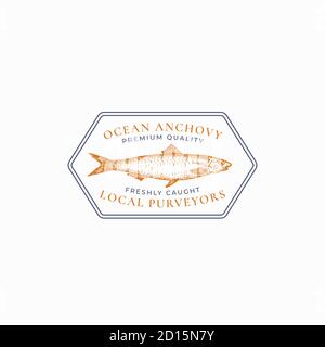 Modèle de logo ou de badge FISH Vintage Frame. Dessin main d'anchois de l'océan sauvage Emblem avec Typographie rétro. Illustration de Vecteur