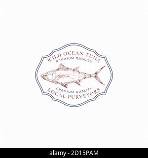 Modèle de logo ou de badge FISH Vintage Frame. Emblème d'esquisse de thon sauvage dessiné à la main avec Typographie rétro. Illustration de Vecteur