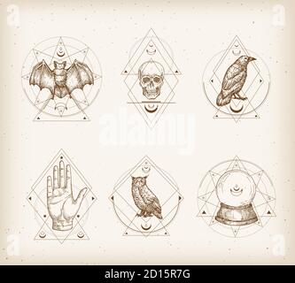 Ensemble de logos d'occultisme de style vintage ou de modèles d'étiquettes d'astrologie. Esquisses main de Bat, crâne, Raven, Owl et paume avec Typographie rétro. En délabeur Illustration de Vecteur