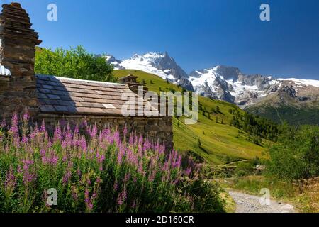 France, Hautes-Alpes, Parc National des Ecrins, refuge et lac du Goléon (2438 m) dans le massif des Oisans avec la Meije et le Râteau (3809 m) dans le bac Banque D'Images