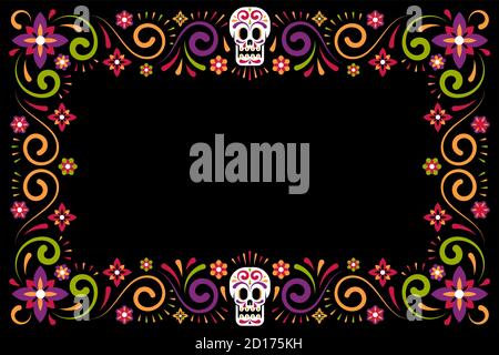 Dia de muertos Holiday cadre floral avec crâne de sucre Illustration de Vecteur