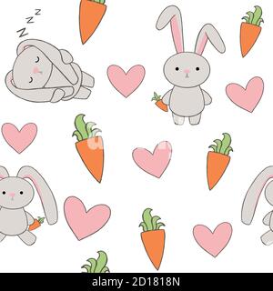 lapin à motif sans couture tenant une carotte et un lapin endormi avec cœur. jolie illustration pour livre ou carte de vœux pour enfants. imprimé lapin pour papier peint ou vêtements pour enfants. Banque D'Images