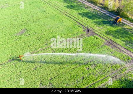 Irrigation des terres agricoles pendant l'été sec, celle, Allemagne Banque D'Images