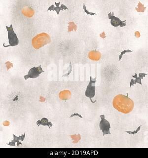 mignon peint à la main sans couture répétition aquarelle motif halloween, avec citrouilles, chauves-souris, chats noirs et hibou Banque D'Images