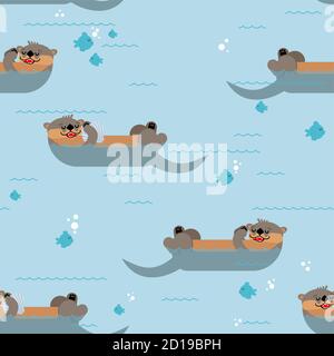 Sans coutures à motif Otter. La loutre de mer nage l'arrière-plan. Décoration en tissu pour bébé Illustration de Vecteur