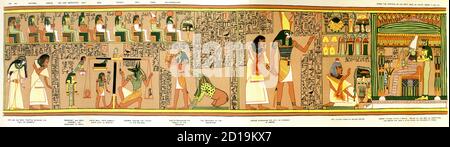 Pour les anciens Egyptiens, le Livre des morts raconte le chemin que les morts doivent suivre vers le monde souterrain. Cette image fait partie du livre qui appartenait au scribe Ani le Papyrus Ani, comme on l'appelle aujourd'hui le papyrus, date d'environ 1275-1250 avant JC, l'époque de la 19e dynastie pendant le Nouveau Royaume. À gauche se trouve le scribe Ani, qui apparaît ici, vêtu de blanc, avec sa femme, qui est également vêtue de blanc et elle tient un sistrum. Les deux sont montrés comme s'ils sont en présence des dieux qui les jugeront. Les trois figures en haut font partie du jury qui jugera leurs actions. Suivant, t Banque D'Images