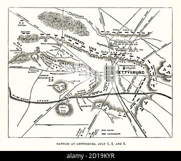 Batailles de Gettysburg les 1er, 2 et 3 juillet. Cette illustration de 1866 montre les lignes de bataille. La bataille de Gettysburg a été menée du 1er au 3 juillet 1863 dans la ville de Gettysburg, en Pennsylvanie, par les forces de l'Union et de la Confédération pendant la guerre civile américaine. La bataille a impliqué le plus grand nombre de victimes de toute la guerre et est souvent décrit comme le point tournant de la guerre. Union Maj. L'armée du Potomac du général George Meade a battu les attaques de l'armée de Virginie du Nord du confédéré Robert E. Lee, arrêtant l'invasion du Nord par Lee. Banque D'Images