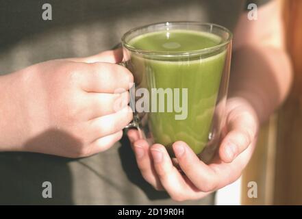 matcha lait d'avoine dans les mains humaines. boisson non laitière pour les soins de santé et la gaieté. thé japonais tendance pour la perte de poids et l'énergie Banque D'Images