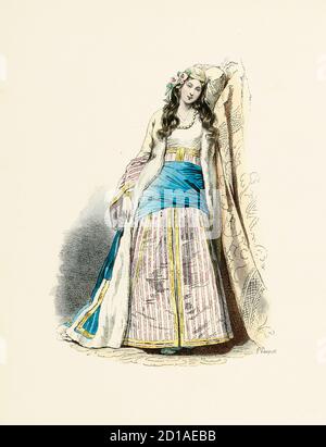 Portrait de la jeune fille grecque en 1825, gravure faite à la main par H. Pauquet. Publié dans le livre modes et costumes historiques Dessines et grave Banque D'Images