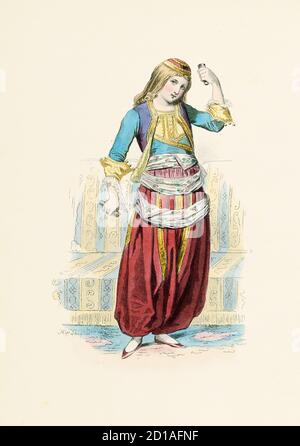 Portrait de la danseuse grecque en 1827, gravure faite à la main par H. Pauquet. Publié dans le livre modes et costumes historiques dessines et graves pa Banque D'Images