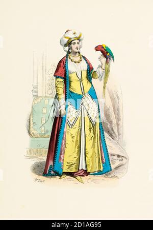 Portrait de dame du Caire, Egypte en 1799, gravure de H. Pauquet en couleur main. Publié dans le livre modes et costumes historiques dessines et Banque D'Images