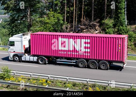 Eskatrans DAF XF avec UN conteneur sur autoroute. Banque D'Images