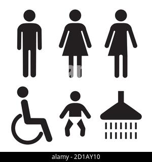 Salle de bains publique, service de change pour bébé et douche Icon Set Illustration de Vecteur