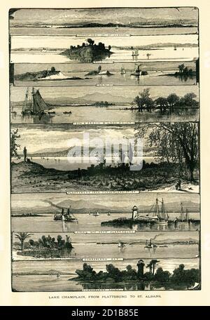 Scènes du XIXe siècle sur le lac Champlain, de Plattsburgh à St. Albans dans les États américains de New York et du Vermont. Illustration publiée dans Picturesqu Banque D'Images