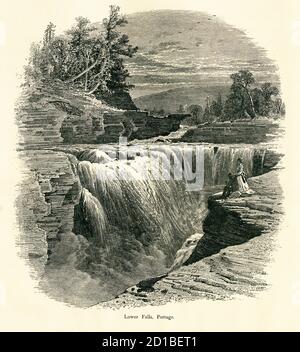 Gravure antique de Lower Falls située dans le Portage Canyon, État américain de New York. Illustration publiée dans la pittoresque Amérique ou la Terre nous L. Banque D'Images