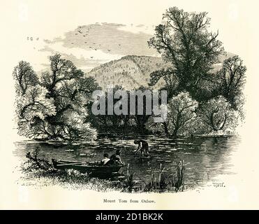 Illustration du XIXe siècle du mont Tom, un sommet de montagne sur la rive ouest de la rivière Connecticut, vue de l'Oxbow, Massachusetts, États-Unis. Gravure Banque D'Images