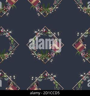 Motif de Noël sans coutures. Couronne fleurie de Noël avec boîte cadeau et lumières sur fond bleu. Design unique en 3D dans un style moderne et tendance pour les fêtes de fin d'année Banque D'Images
