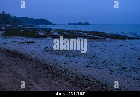 Cancale, France - 26 août 2019 : vue de nuit de la ferme des huîtres et moules de Cancale, sur la baie du Mont Saint Michel, région Bretagne de l'Ouest de la France Banque D'Images