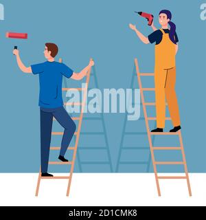 homme et femme avec un exercice de construction et un rouleau de peinture conception vectorielle des échelles Illustration de Vecteur