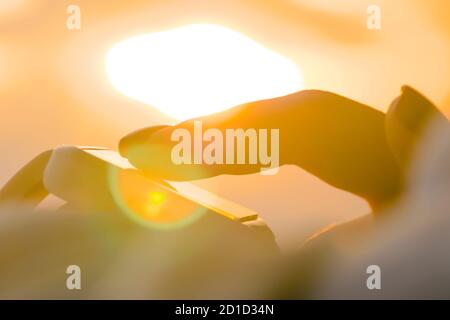 Gros plan : une femme fait défiler et toucher le ciel avec une montre à main blanche et portable. Lumière solaire, heure d'or. Détendez-vous Banque D'Images