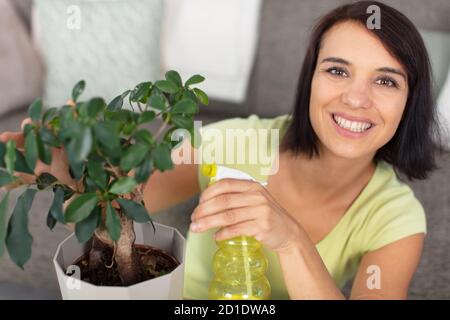 une jeune femme d'affaires vaporise des plantes dans des pots de fleurs Banque D'Images