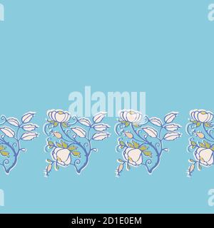 Rétro folk art Wild rose boder. Illustration vectorielle. Motif roses style art et artisanat vintage. Cuisine vintage, art populaire, motif fleuri dessiné à la main. Des motifs artistiques alignés et des formes découpées sur fond bleu vif. Arrière-plan nature mignon. Parfait pour la cuisine, la décoration et l'emballage-cadeau. Illustration de Vecteur
