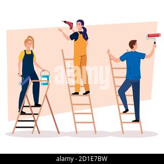 homme et femme avec un rouleau de peinture et un seau de forage de construction sur les ladders de conception vectorielle Illustration de Vecteur